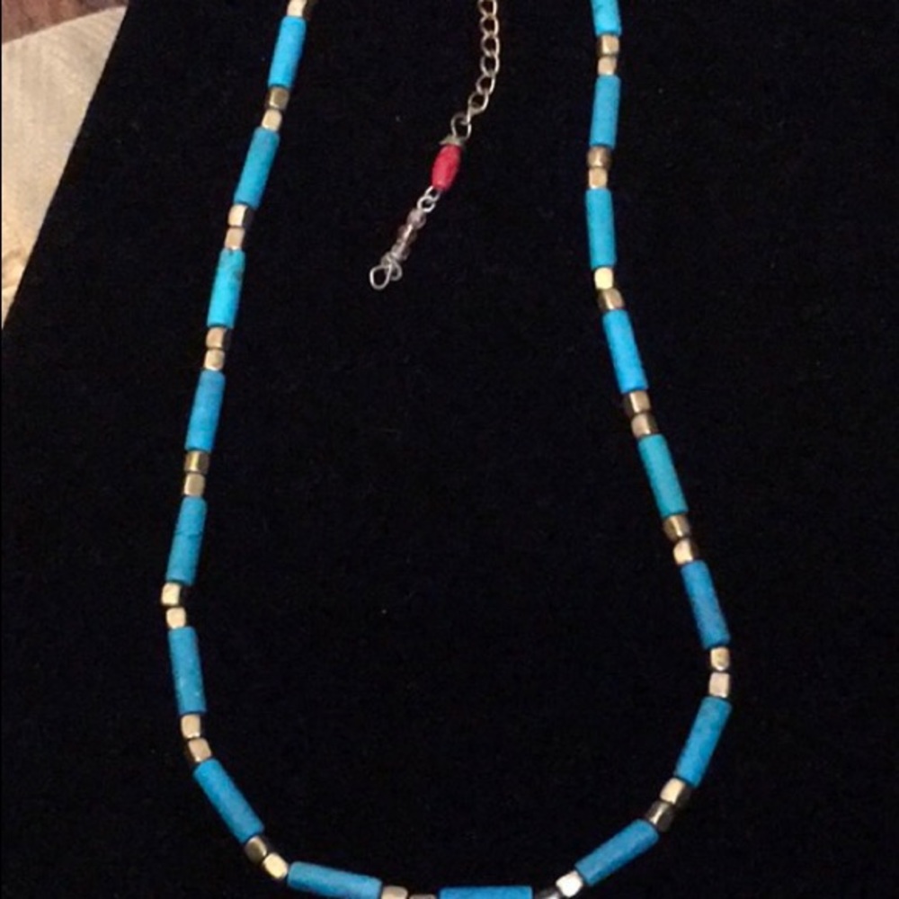 Turquoise and brass beaded necklace